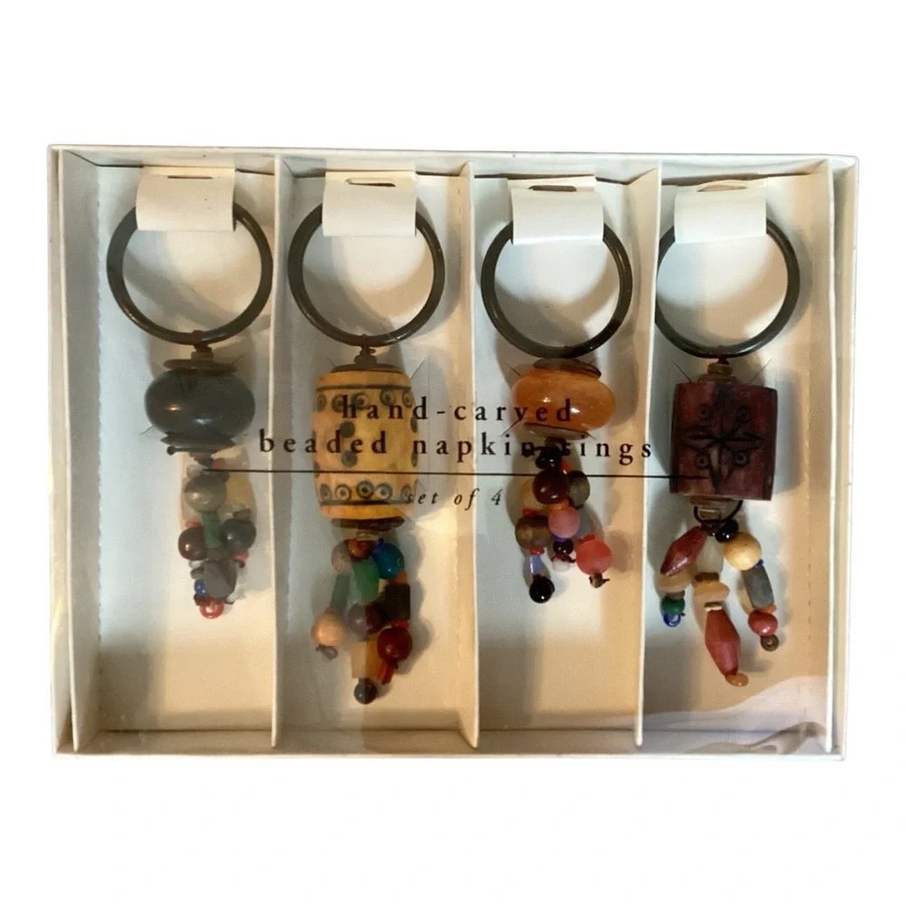 Pier 1 Imports NIB Hand Carved Artisan Boho Rustic Tribal Beaded Napkin Rings
